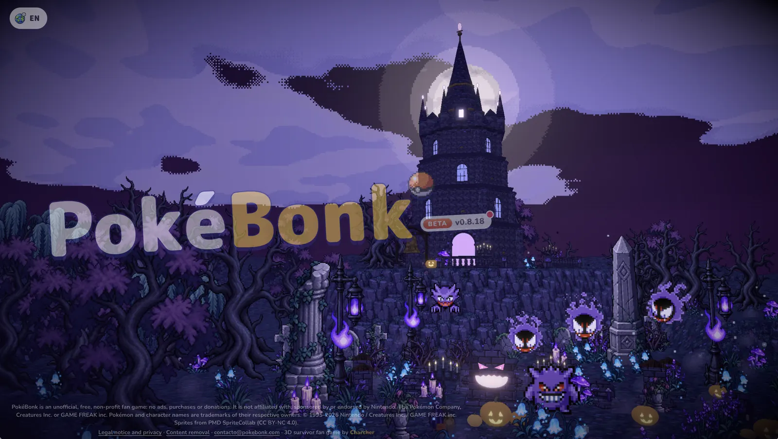 PokeBonk 标题画面：夜晚的紫苑塔，以及鬼斯、鬼斯通和耿鬼（第2赛季万圣节活动）
