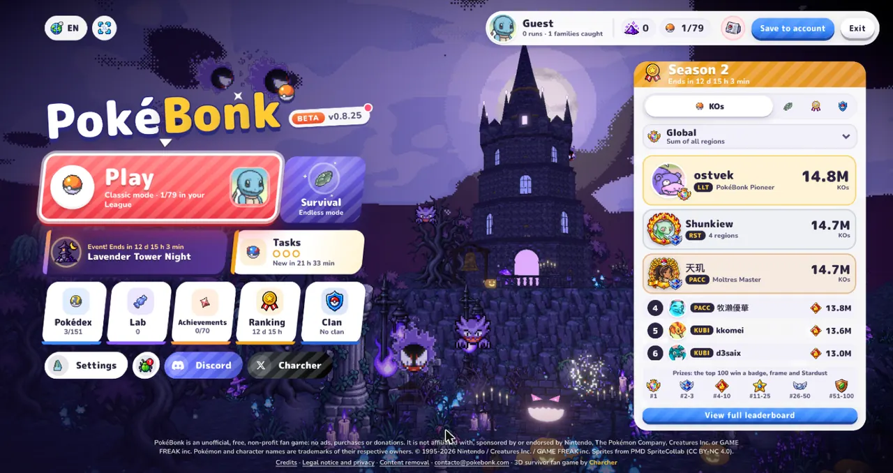 PokeBonk 主菜单：标志下方有 BETA v0.8.25 版本标签，以及开始、生存模式按钮和第2赛季排行榜